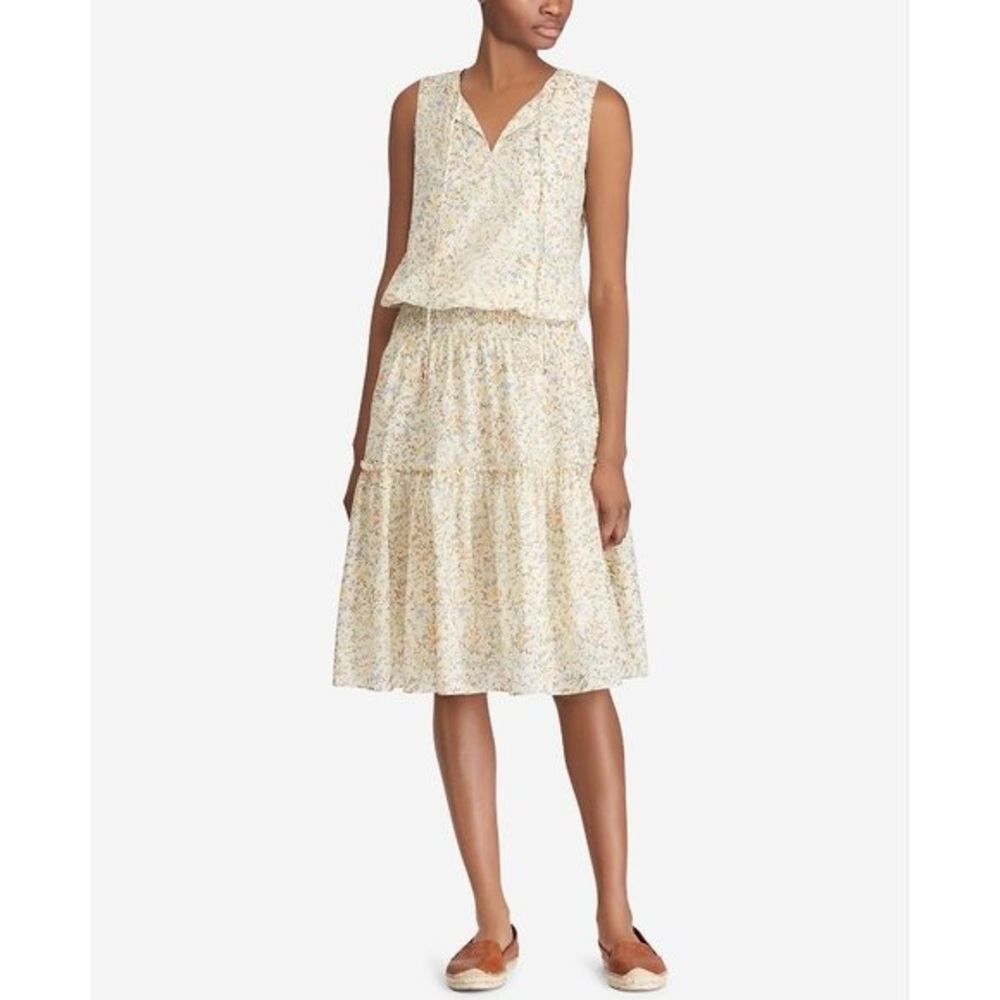 Lauren Ralph Lauren Yellow Cotton Blend Voile Floral Blouson Flared Midi Dress